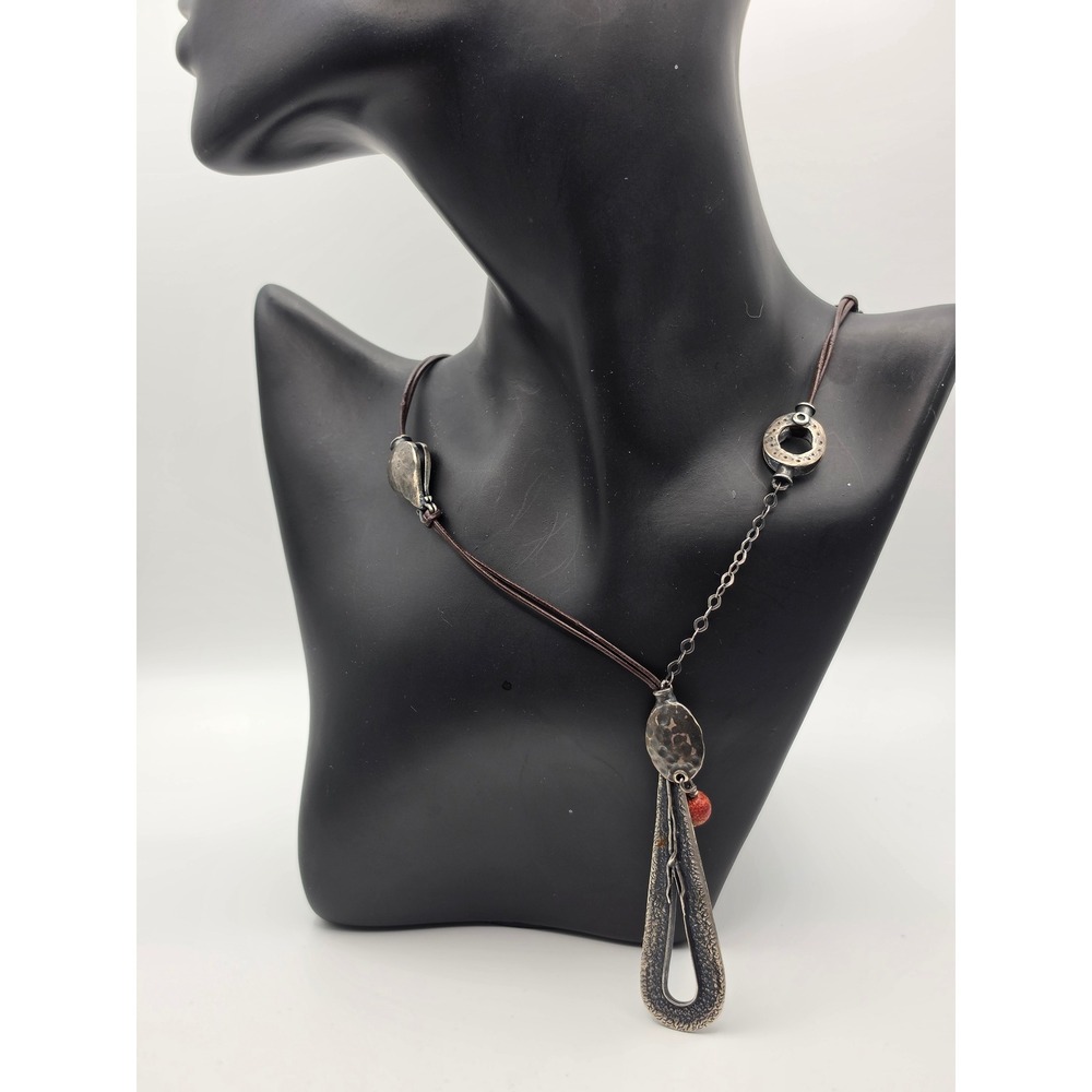 Silpada 925 Sterling Silver Leather Lariat Necklace Hammered Asymmetrical Boho